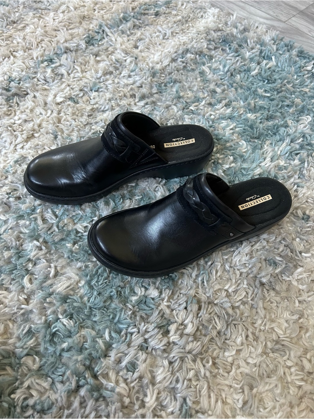 Clarks Collection Black Leather Slip-On Clogs with Braided Strap Detail